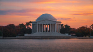 The Jefferson Memorial in Washington, USA at sunset