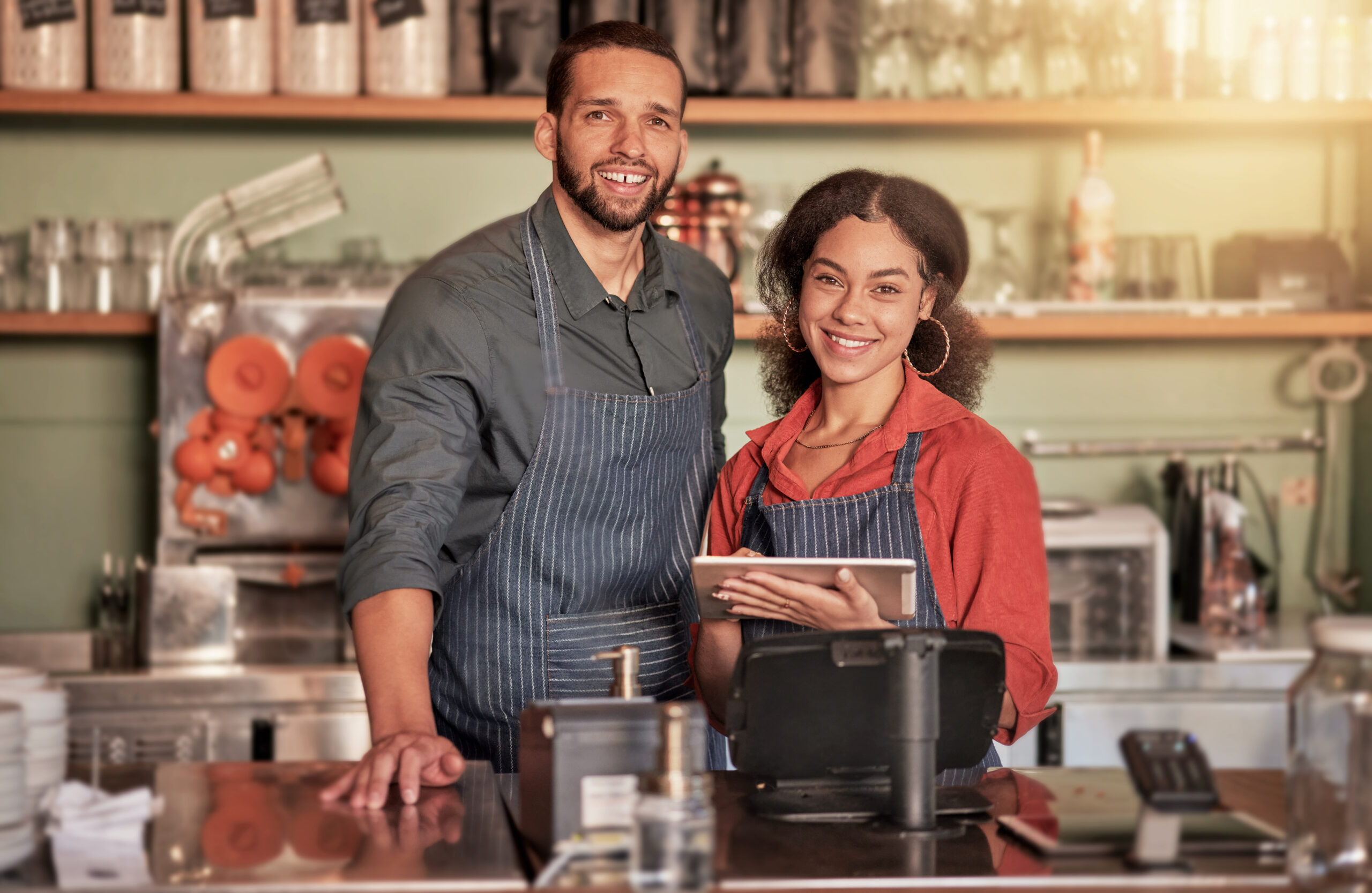 Portrait, cafe and barista couple with tablet ready to take orders in small business. Teamwork, div.
